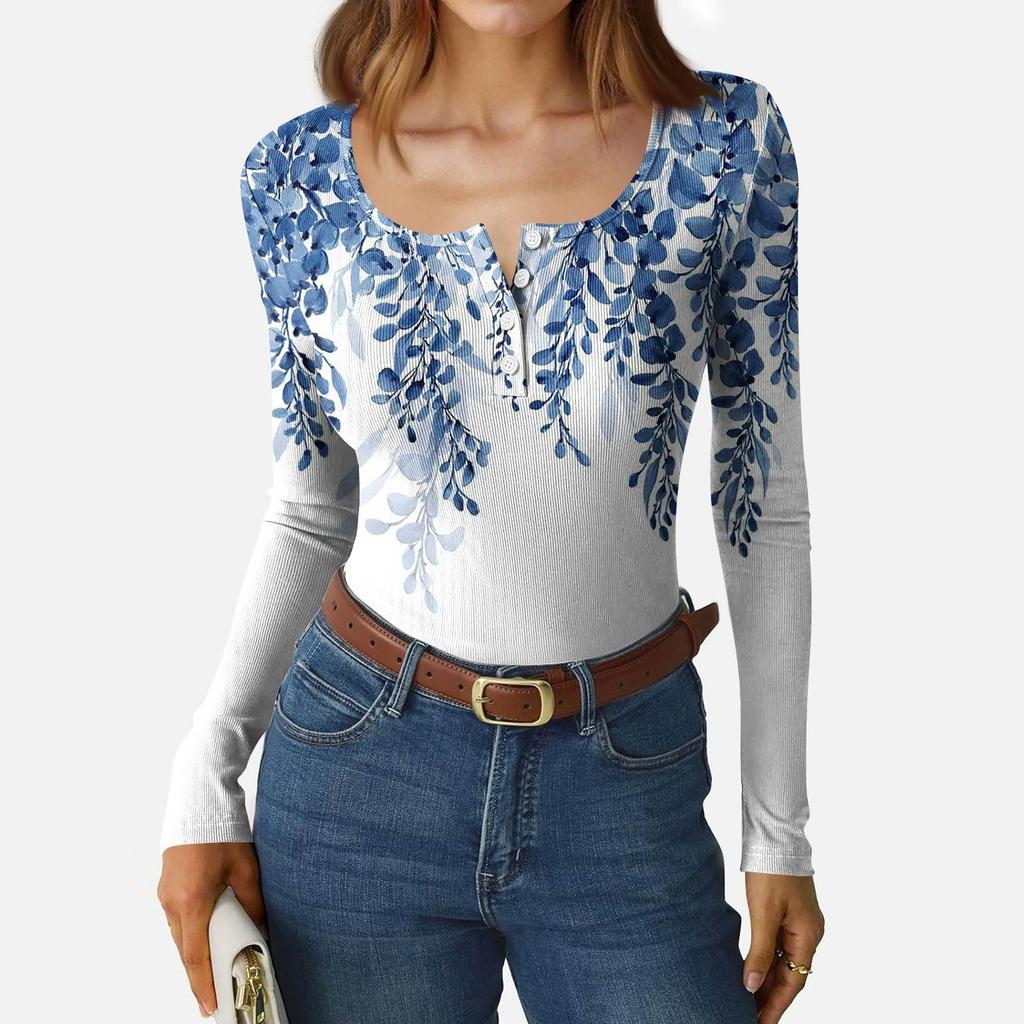 Women's Slim Bottom T-shirt Fashion Casual Gradient Printing Round Neck Pullover Long Sleeve Top