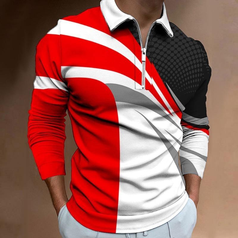 Mens Color Block Zipper Casual Slim Fit Long Sleeve Polo Shirt