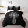 Ornate Christian Cross Bedding set (1 duvet cover, 2 pillowcases, duvet not included), Glowing Silver Rays Black Faith Art Print