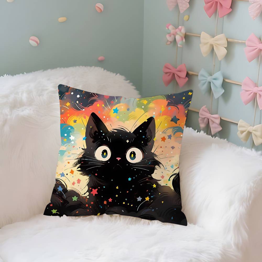 Cute Black Cat Case Plush Fabric Soft Pillowcase Double Sided Print Cushion Cover Household Gifts