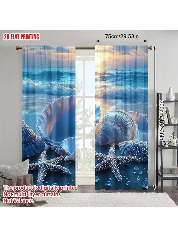 

Набор из 2 популярных панелей для штор с принтом самолетов, ракушками, жемчугом, морским пейзажем, полиэстер, без карниза, для всех сезонов W100*H70(CM)-Grommet top&1PCS