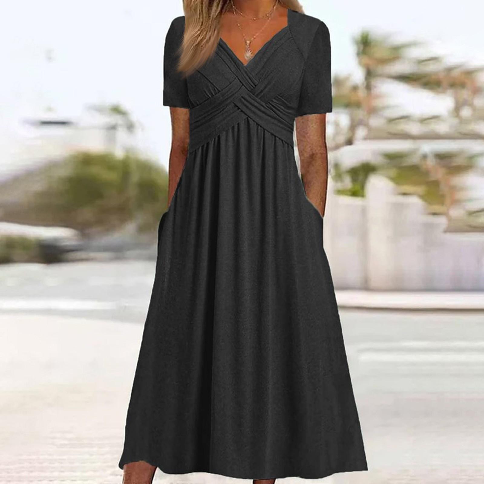 

Женское летнее платье с плиссированным ремешком и V-образным вырезом с короткими рукавами, однотонное платье с карманами трапециевидной формы со свободным подолом, дышащее мягкое платье миди для свиданий S чёрный