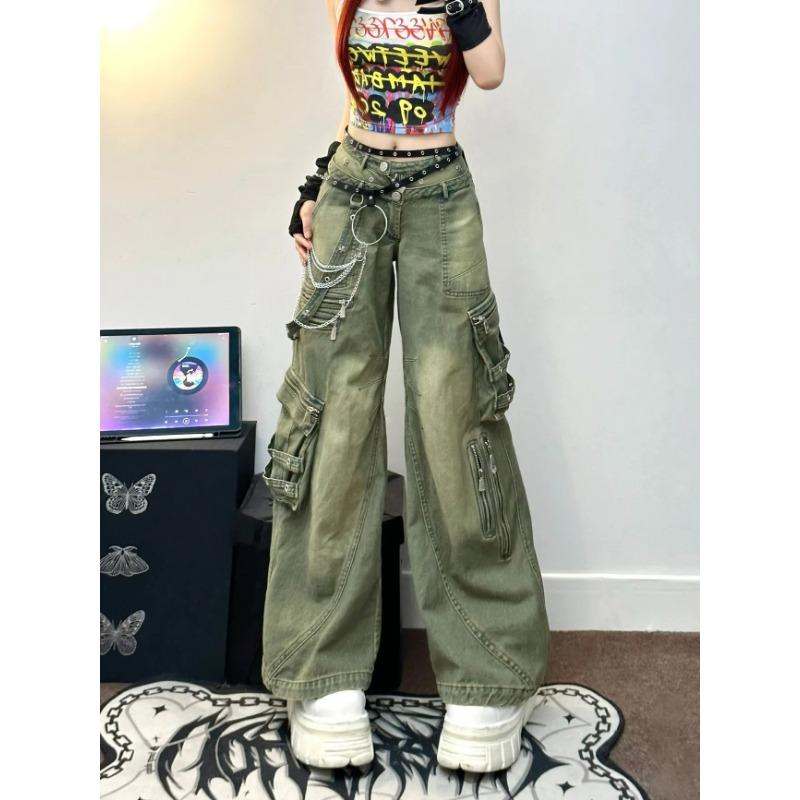American New Vintage Wash Cargo Jeans Women High Street Design Straight Leg Loose Wide Leg Female Fashion Y2k Drop Long Pants