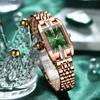 Neue trendige Mode, sehr schöne kleine quadratische Uhr, luxuriöse Diamant-ineinandergreifende Goldstahlbanduhr, diamantverzierte Temperamentuhr
