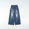 Womens Distressed Ripped Jeans Straight Leg Loose Fit High Street Style Denim Pants