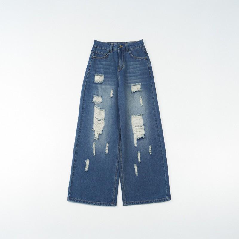 Womens Distressed Ripped Jeans Straight Leg Loose Fit High Street Style Denim Pants