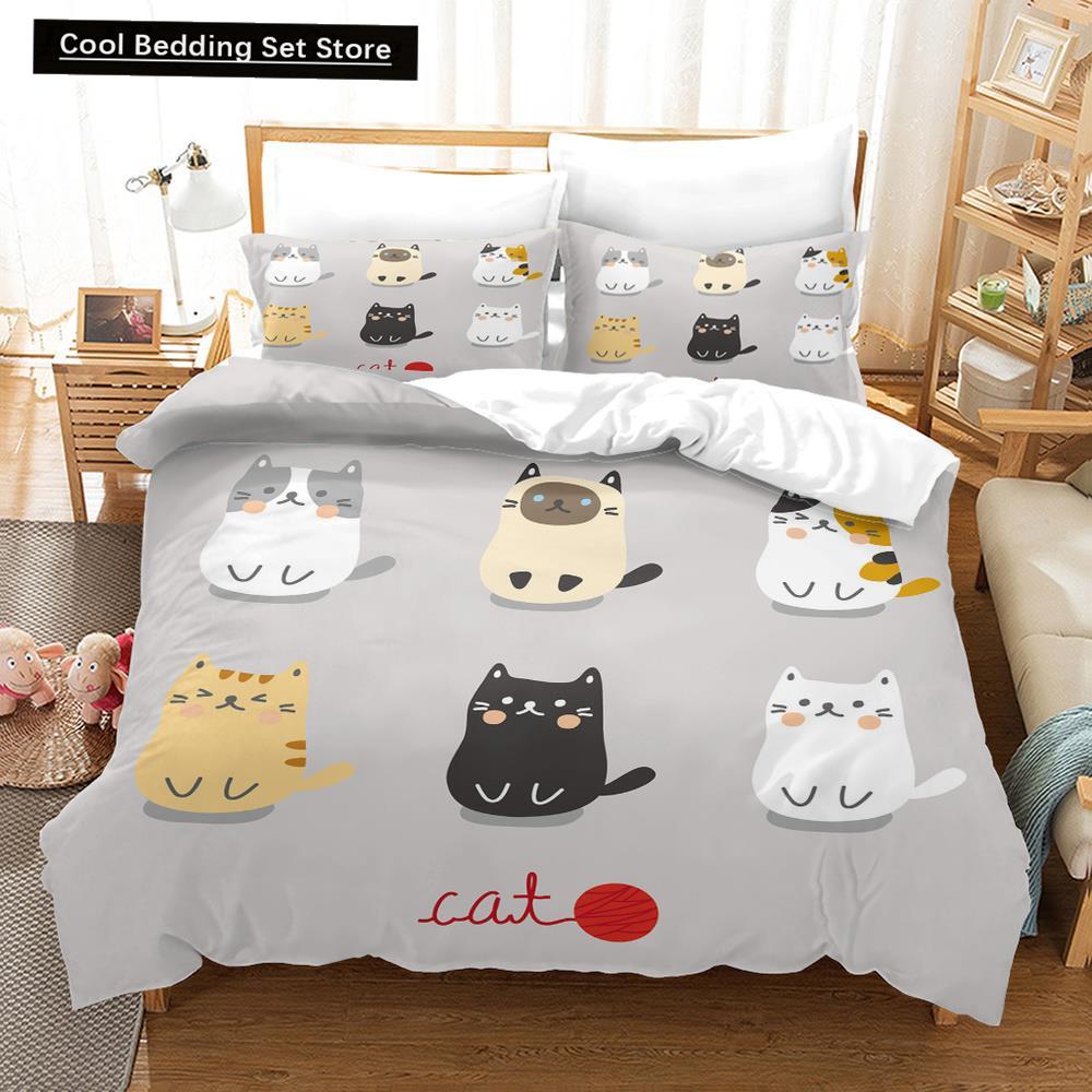 Cartoon Cat King Full Queen Duvet Cover Lovely Pet Kitty Bedding Set Animal Quilt Cover 2/3pcs Purple Polyester Comforter Cover
