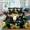 Cow Skull Duvet Cover Queen Sunflower Cattle/Bull Skeleton Bedding Set Botanical Floral Leaves Boho Tribal Polyester Quilt Cover