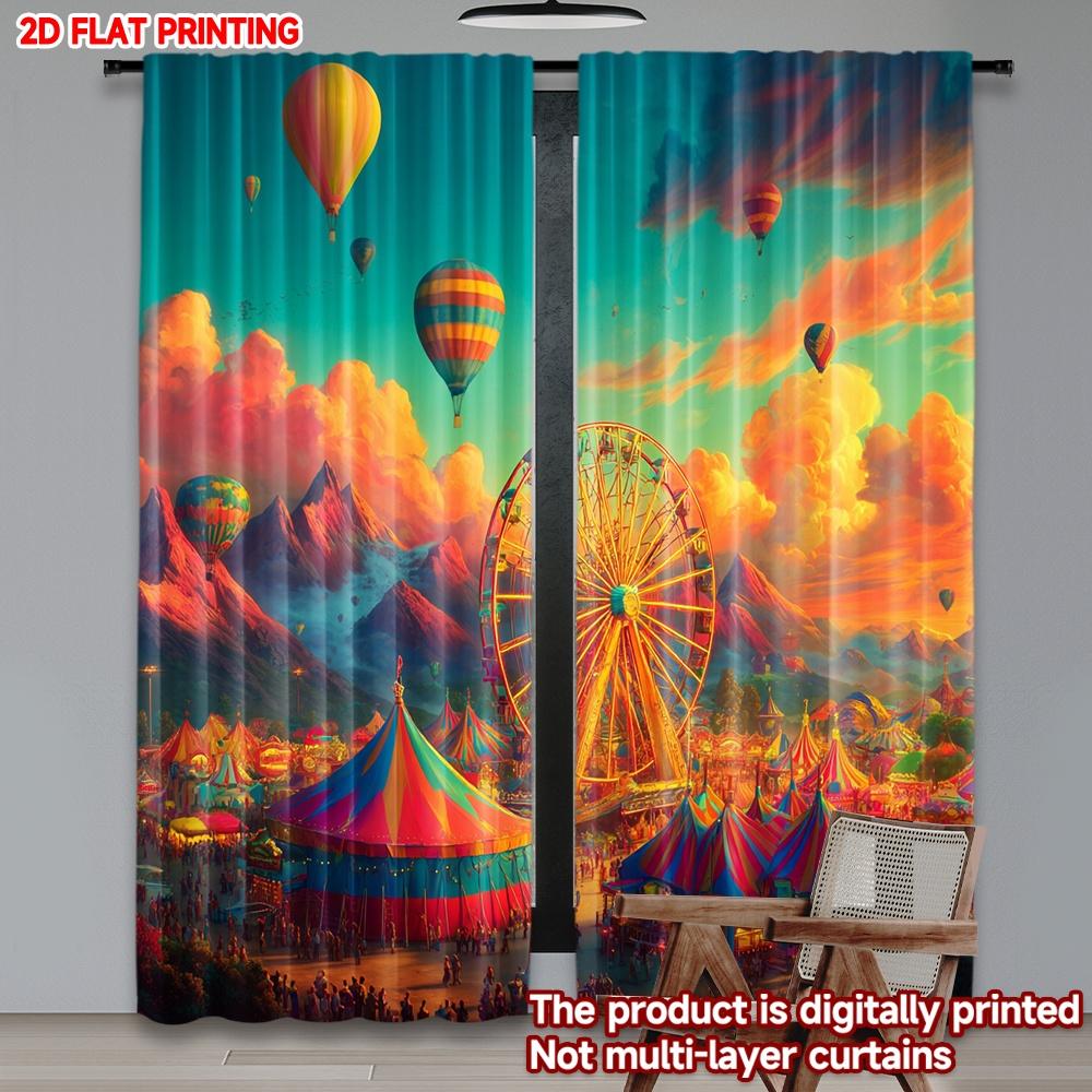 2D Flat Printing 2pcs Curtain Curtains Carnival Ferris Wheel Scene(1) Digital Printed Polyester Drapes Festive Holiday for