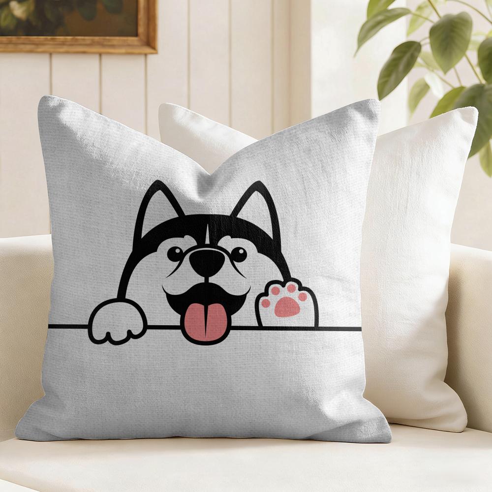 Cute Dog Waving Paw Cushion Cover Eco Linen Pillow Case DoubleSided Print Breathable Durable Zipper Home Decor Gift