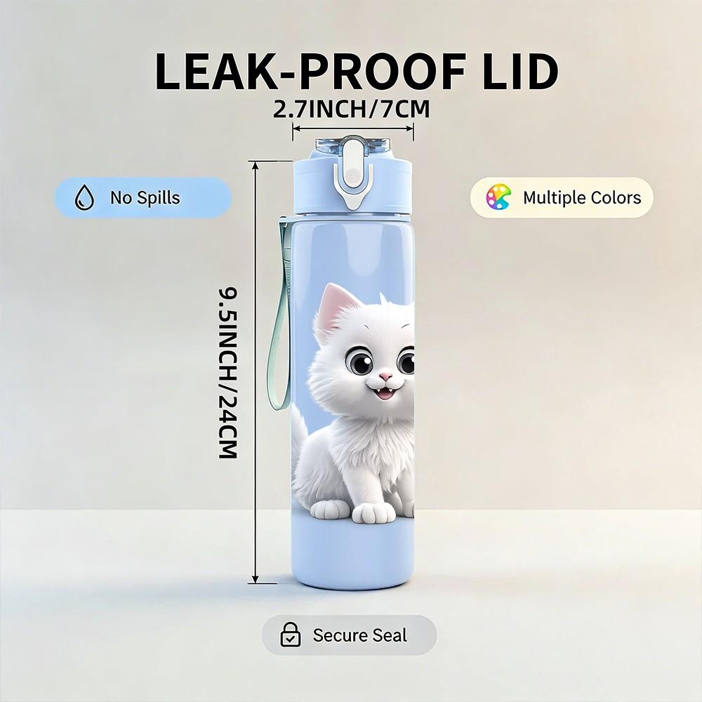 1PC Fluffy White Kitten Cat Cute Print 750ml Color Plastic Sports Water Bottle Leakproof Flip Straw Lid Suitable for Sports Office Home Use