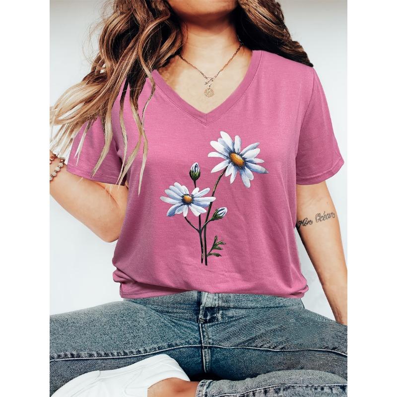 Übergröße Freizeit-T-Shirt Damen Übergröße Floral 3D-Druck V-Ausschnitt Kurzarm Grafik-Tee T-Shirts