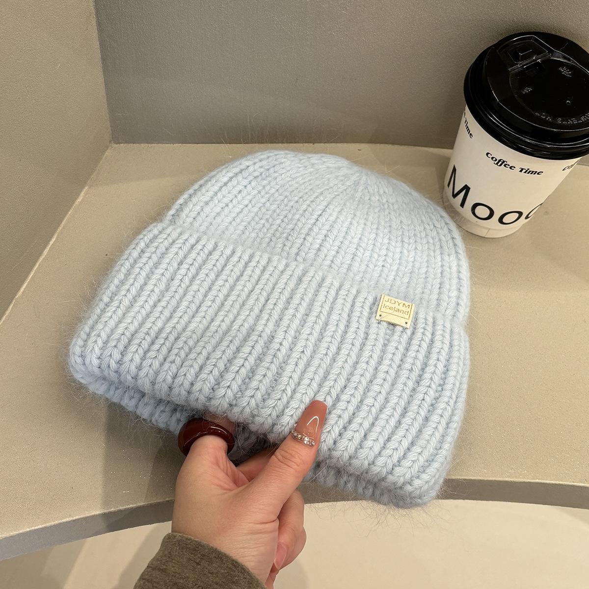 

Angra Rabbit Fur Knitted Hat for Women Winter Warm and Face Showing Small Plush Woolen Hat