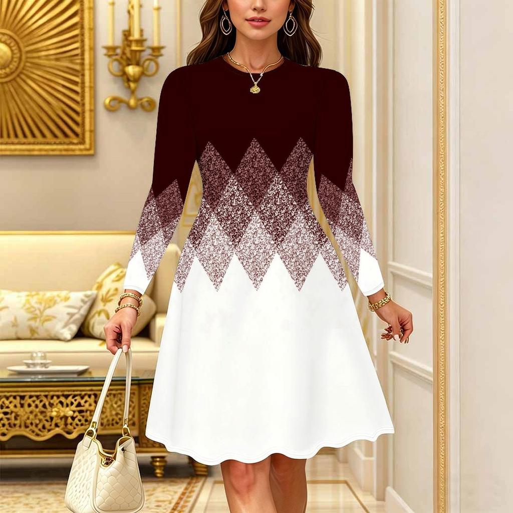 Women Long Sleeve Round Neck Midi Dress Abstract Geometric Floral Plum Blossom Stripe Dot Print Flared Dress