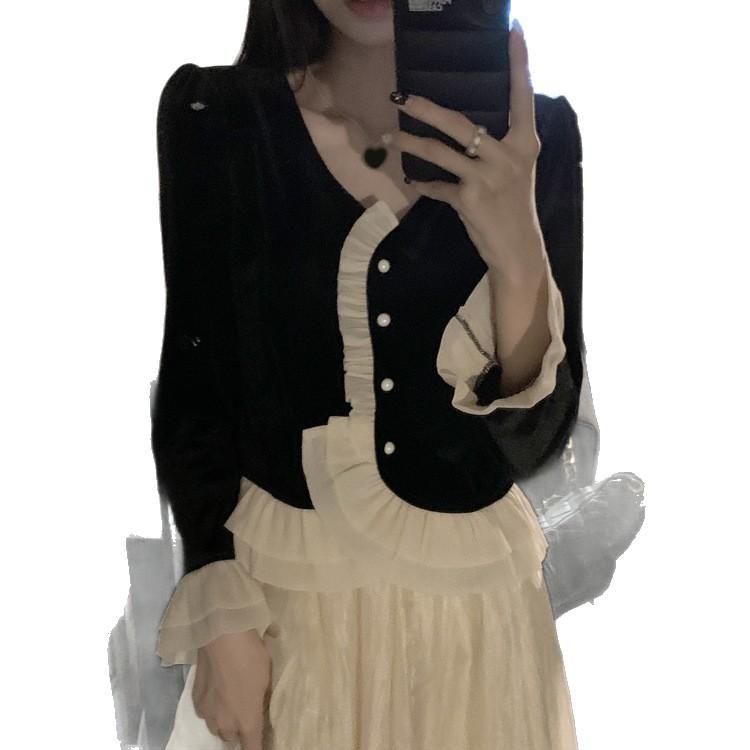 [Golden Velvet] New Retro Gentle Medium and Long Dress Fairy Gauze Skirt Autumn and Winter Set Two-piece Set