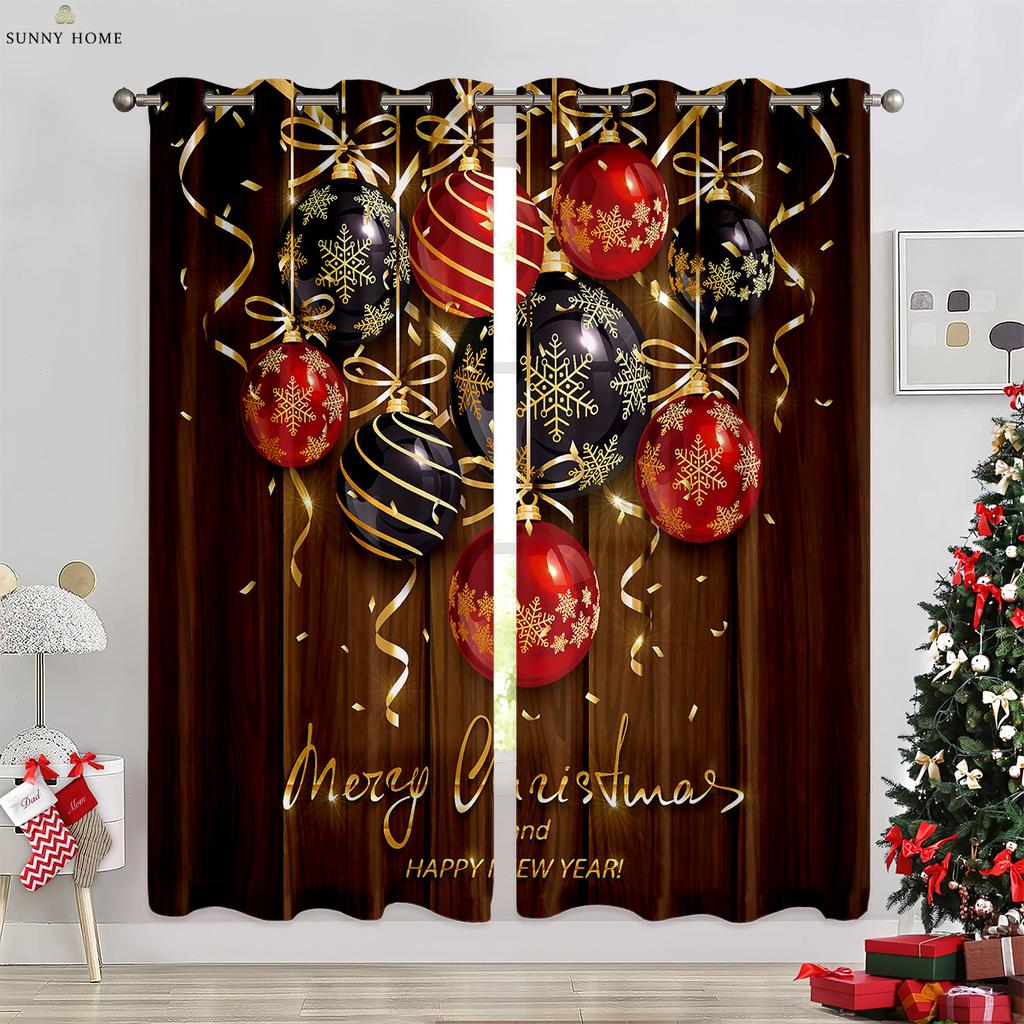 Snowflake Pattern Ball Christmas Holiday Tree 3D Pattern Print Window Curtains Bedroom Space Restaurant Christmas Holiday Gathering Decorative