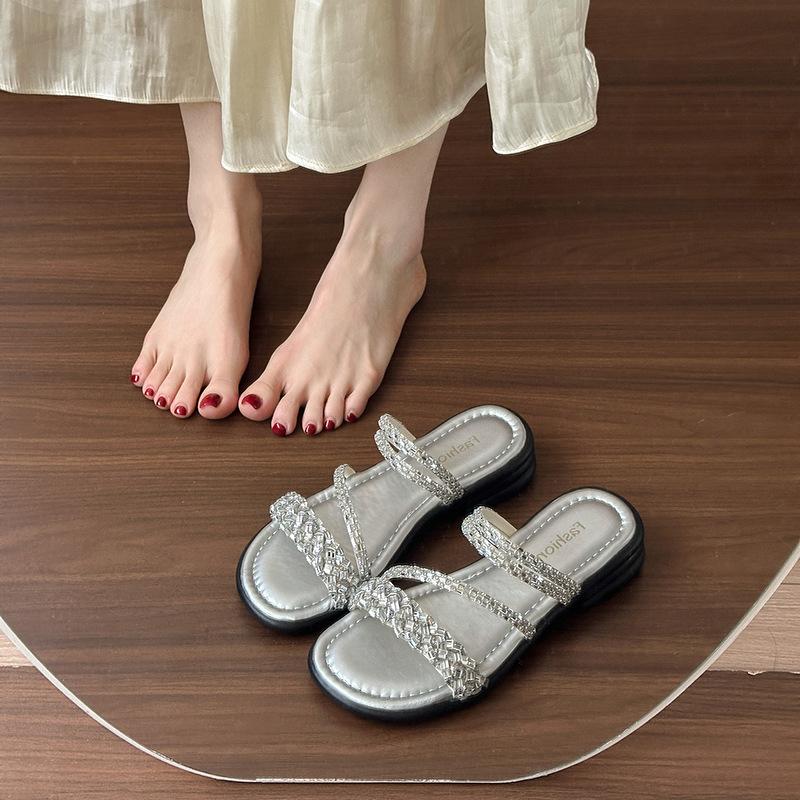 With Fashionable Square Head High Heels Thick Heel Slippers Rhinestone 2025 Summer New Thin Belt Wear Cool Slippers Women