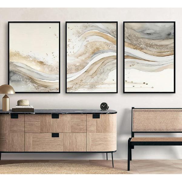 3Pcs Gold Abstract Marble Canvas Wall Art Modern Grey and Gold Fluid Painting Picture Wall Decor neutral Marble Poster Print Artwork for Bedroom