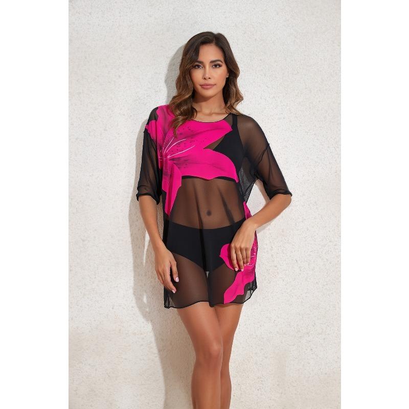 2026 Langqi New Three-piece Beach Sunscreen Suit Set Transparent Mesh Printing Split Swimsuit Women