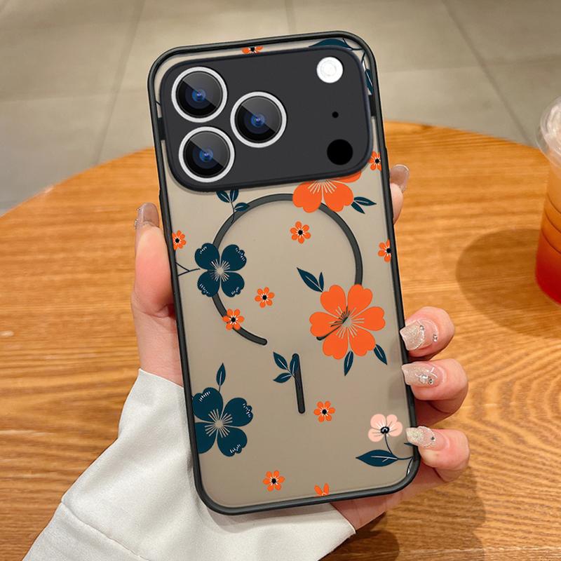 Thin Ring Magnetic For Magsafe Case For iPhone 17 Pro Max Case iPhone 16 15 14 13 Pro Max 17E Cartoon Flowers Print Hybrid TPU+PC Matte Cover iPhone 15 Pro Max