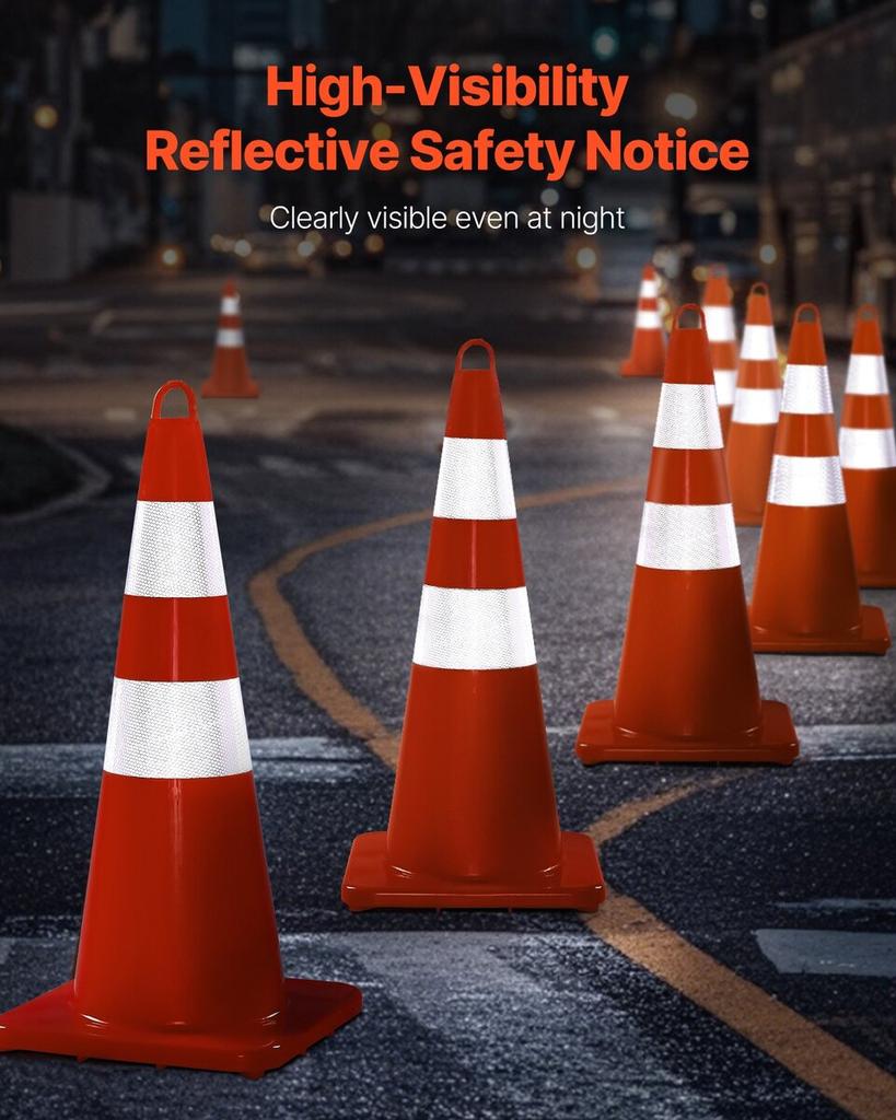 Safety Cones Traffic Cones 12 x 28" Orange Reflective Collars Road Cones