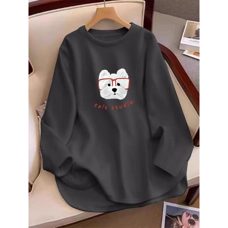 Autumn and Winter New T-shirt Women's Spliced Printed Fashion Loose Long-Sleeved German Velvet Casual Top