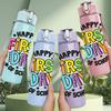 1PC Happy First Day Colorful Lettering 750ml Color Plastic Sports Water Bottle Leakproof Flip Straw Lid Suitable for Sports Office Home Use