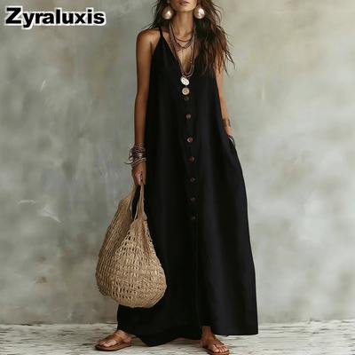 Sommer Neues Damen Einfarbig Knopf Lässig Mode Baumwolle Leinen Langes Kleid