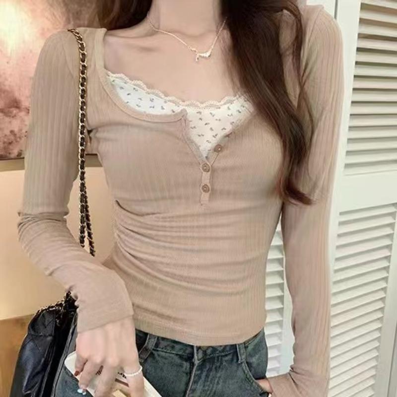 Lace Floral Splicing Fake Two Leggings Women's Early Spring New Tight Short Style Pure Long-sleeved Small Top