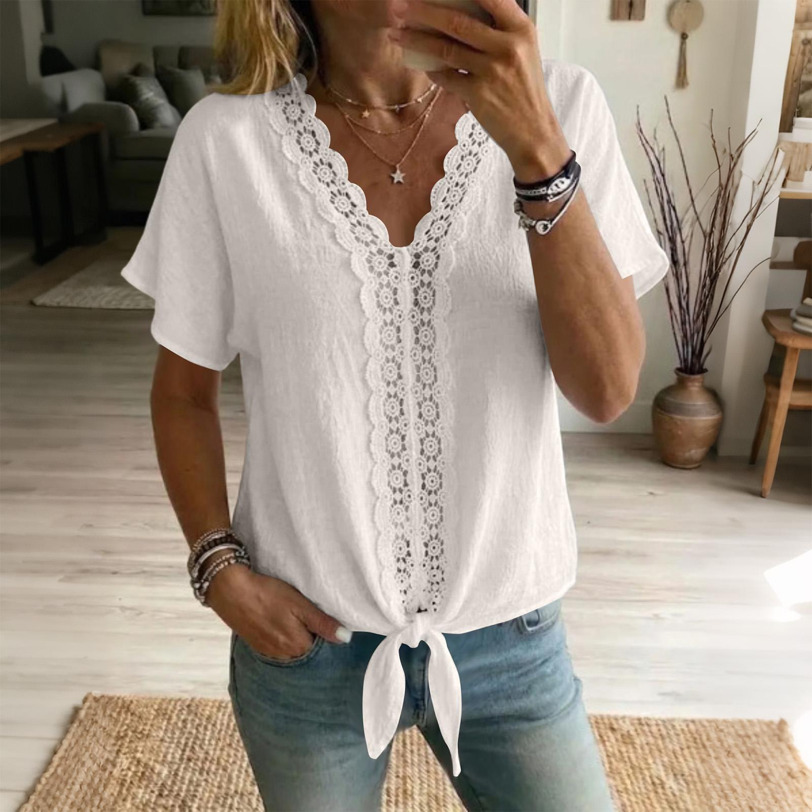 

Women s V-neck Short-sleeved Lace-trimmed Cotton And Linen Top XL білий