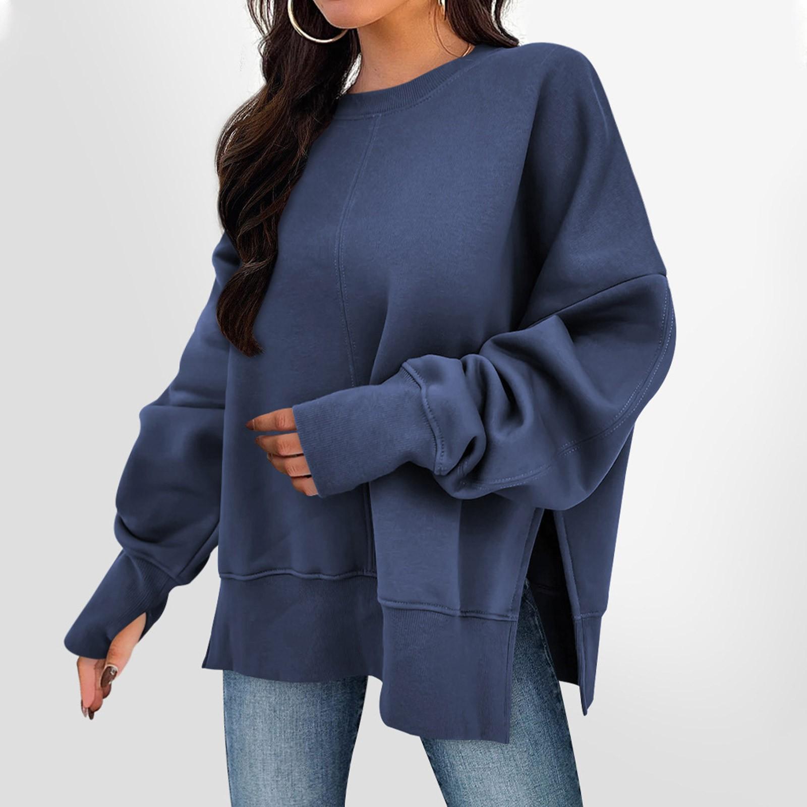 

Women s Solid Color Slit Round Neck Sweatshirt Casual Top Loose Long Sleeved Top XL