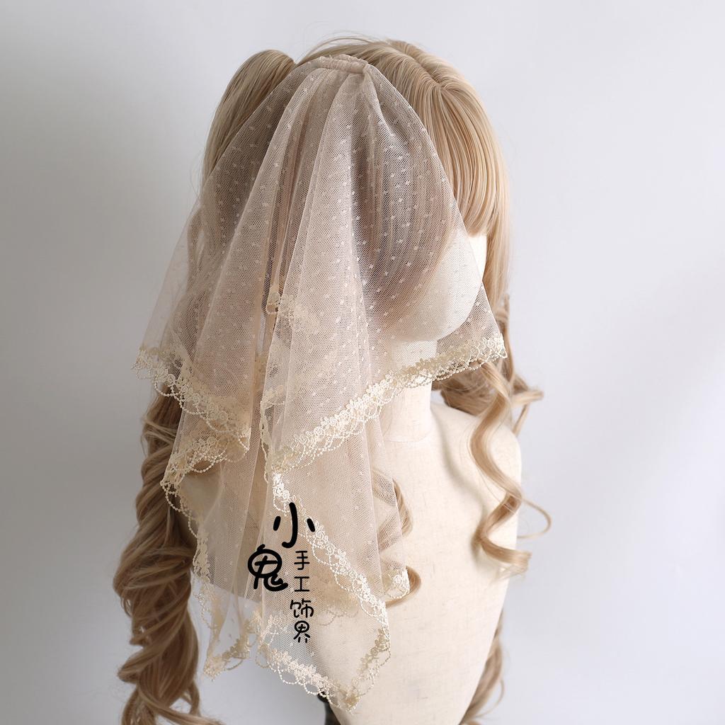 Original Handmade Lolita Hair Accessories Hairpin Flower Ball Bow Lace Champagne Headband Veil