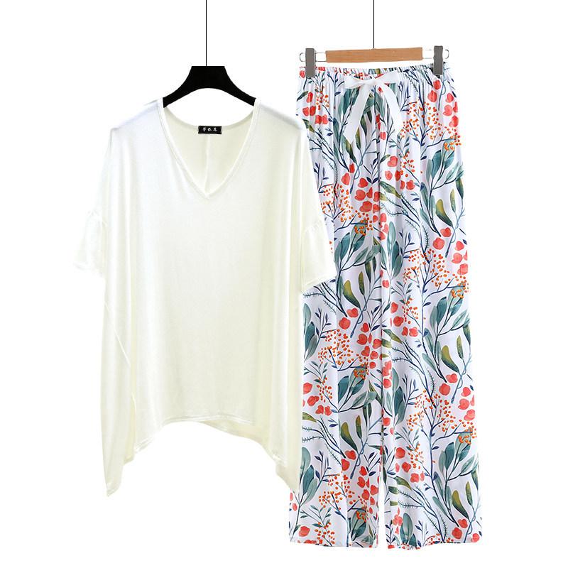 irregular Tshirt and floral wide leg pants summer women's casual pajamas sets Short sleeve homewear suit Loose lightweight Loungwear Plus size