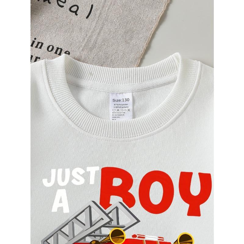 Unisex Crew Neck Fashion Sweatshirt , Just A Boy Who Loves Fire Trucks, Autumn And Winter Western Style Top, Casual Multi Colored Option For Little