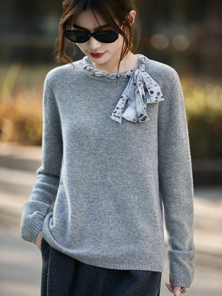 Women's Silk Bowknot Knitwear: Stylish 100% Wool Fine Knit Scarf & Base Layer Top