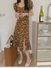 2024 French Retro Yellow Floral Puff Sleeve Cheongsam Dress