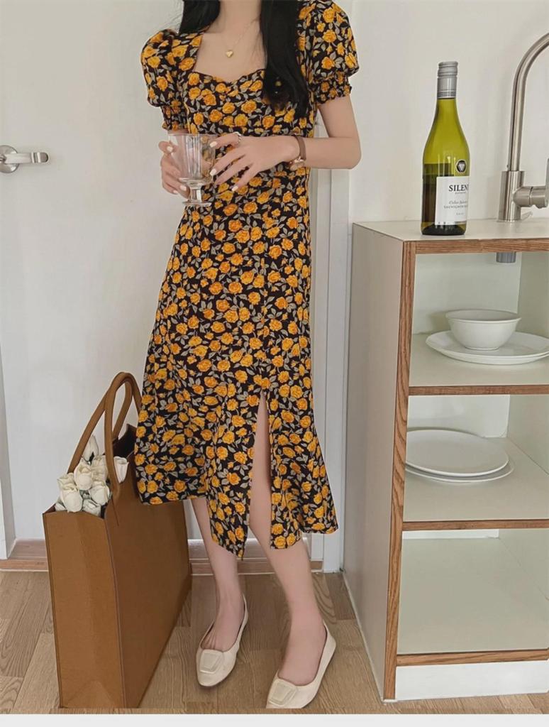 2024 French Retro Yellow Floral Puff Sleeve Cheongsam Dress