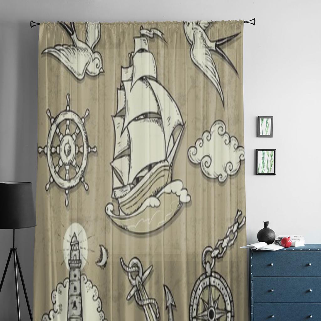 Ilustracje o tematyce podróży morskich w stylu tatuażu Szyfonowe Przezroczyste Zasłony Salon Sypialnia Okno Woale Tiulowa Zasłona