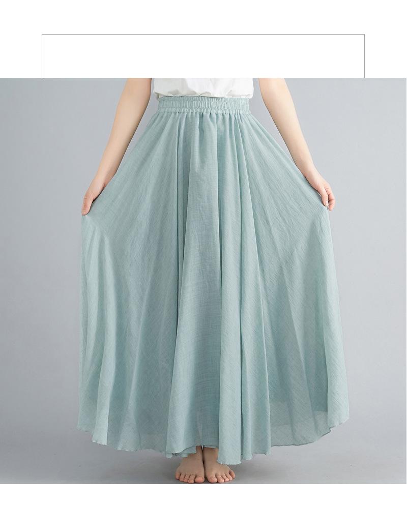 2024 Japan & Korea Loose Cotton-Linen Elastic Waist Midi Skirt – Solid Color A-line Swing Skirt