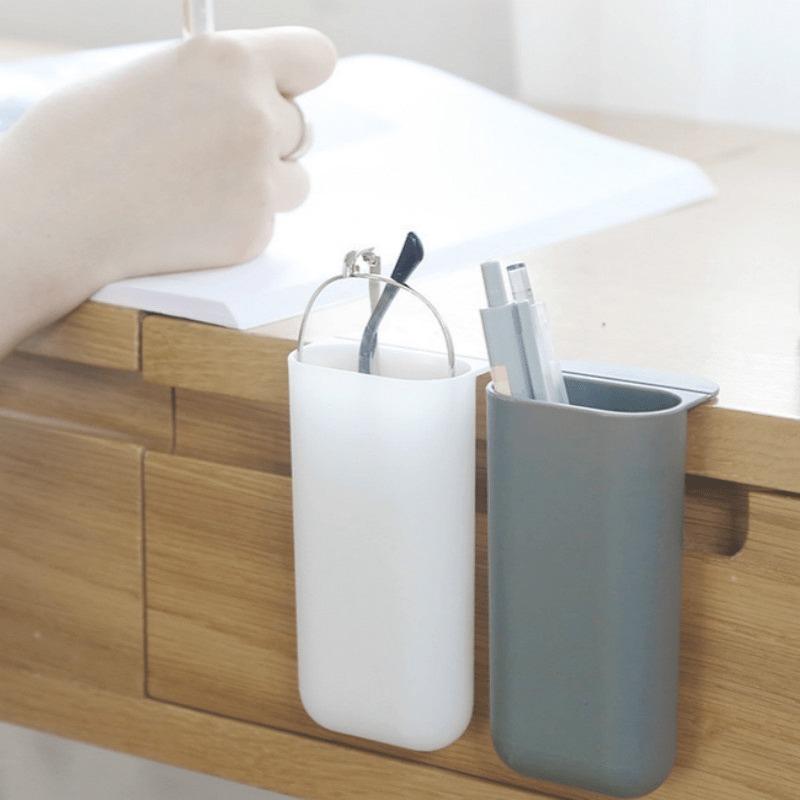 1pc Stick On Desktop Stationery Desk Organizer Brush Pot Plastic Pen Holder Pencil Box Office Makeup Storage