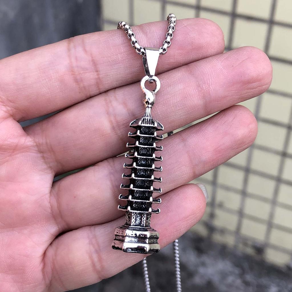 Chinese Style Guochao Retro Wenchang Tower Nine-Story Tower Pagoda Pendant Trendy Men Hip-Hop Titanium Steel Necklace