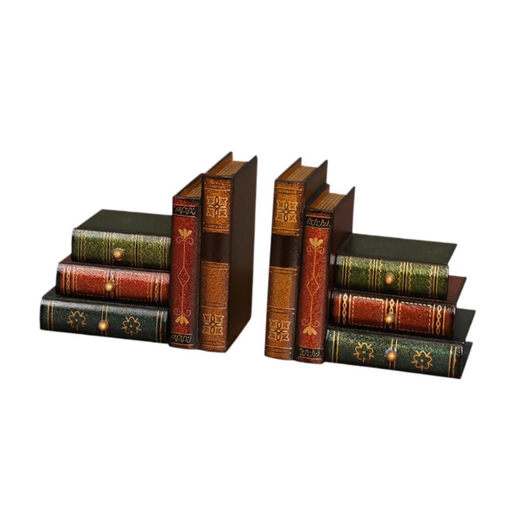 2x Faux Book Ornament Bookends with Drawers European Style Organizer Book Holders for Desktop Bookshelf Living Room Cafe School