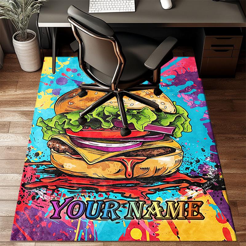 1PC Custom Name Colorful Burger Artwork Theme Floor Mat Ideal for Living Room, Game Rooms, Office, Bedroom, Floor Mat Playful Design