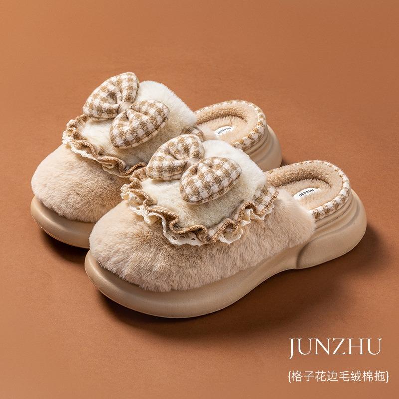 New Winter Plaid Butterfly Lace Cotton Slippers Women's Indoor Home Warmth Plush Cotton Slippers