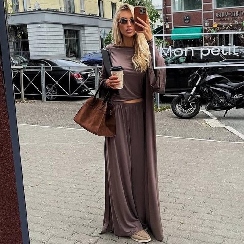 Women's 2026 Summer New Casual Long Cardigan Long Sleeve Top High Waist Long Pants Fashion Set