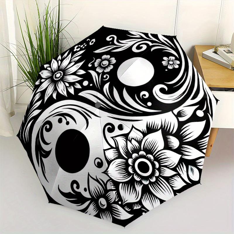 1pc Floral Yin Yang Symbol Folding Umbrella With Excellent UV Protection, 8 Ribs Casual Durable Lightweight Portable Travelling Umbrella For