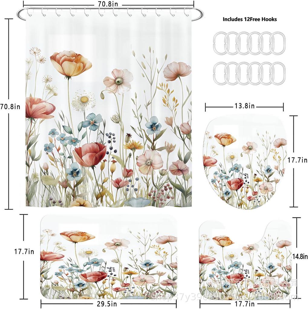Elegant Blommig Duschdraperiset: Vattentät, Mögelresistent, med Krokar, Ingen Borrning Krävs.