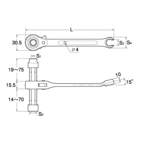 TOP Industrial (TOP) Lifting Band Wrench, 3-Stage Sliding Type, 10x13mm Ratchet, 12mm Flare Nut Wrench, Open-Ended Tip, For Plumbing and Plumbing Work
