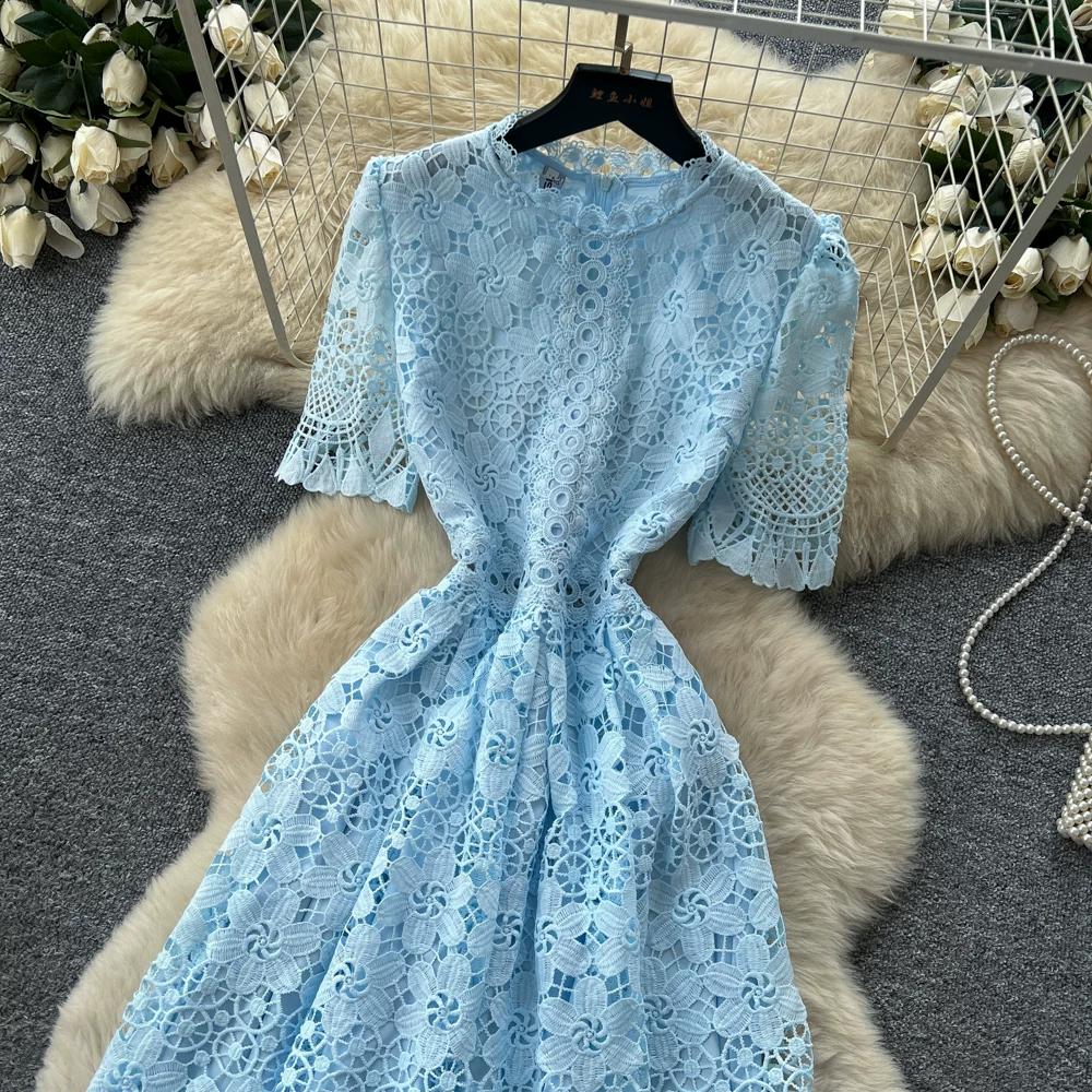 Abito Midi Elegante da Donna con Ricami in Pizzo, Manica Corta, Vita Alta, Linea ad A, Estivo, Casual, da Festa, per Matrimonio, da Vacanza, da Spiaggia