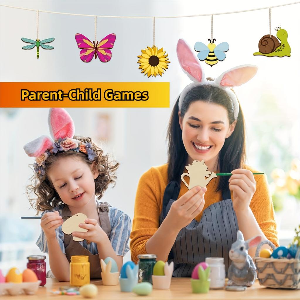 36Pcs Paint Wooden Crafts Kit for DIY Plant Insect Wood Shapes with Paint Pens Stickers Family Art Activity Garden Hanging